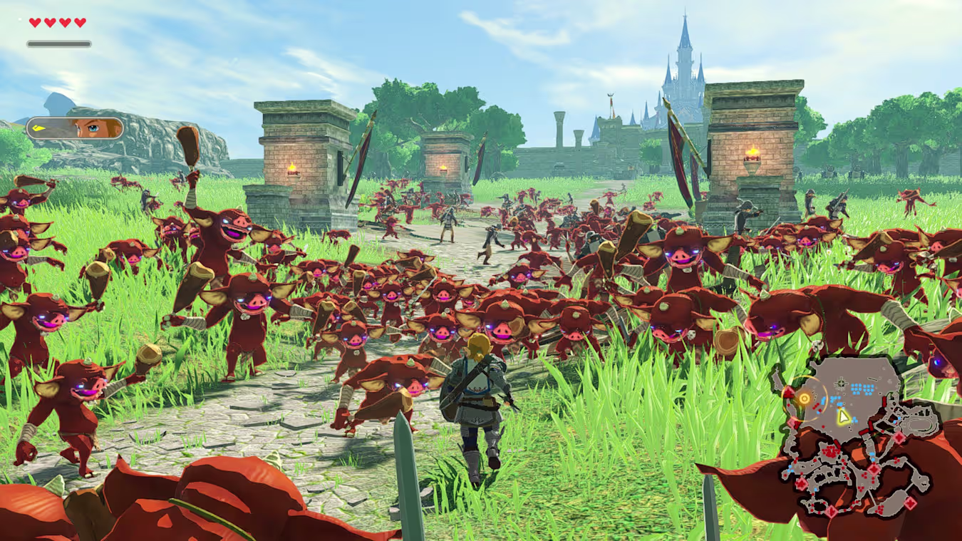 A screenshot of Hyrule Warriors: Age of Calamity - Definitive Edition, showing Link facing off against a larger horde of Bokoblins through the power of Nintendo Switch 2.