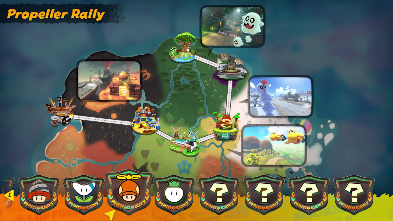 A screenshot of the route for the newly added Propeller Rally in Mario Kart World.