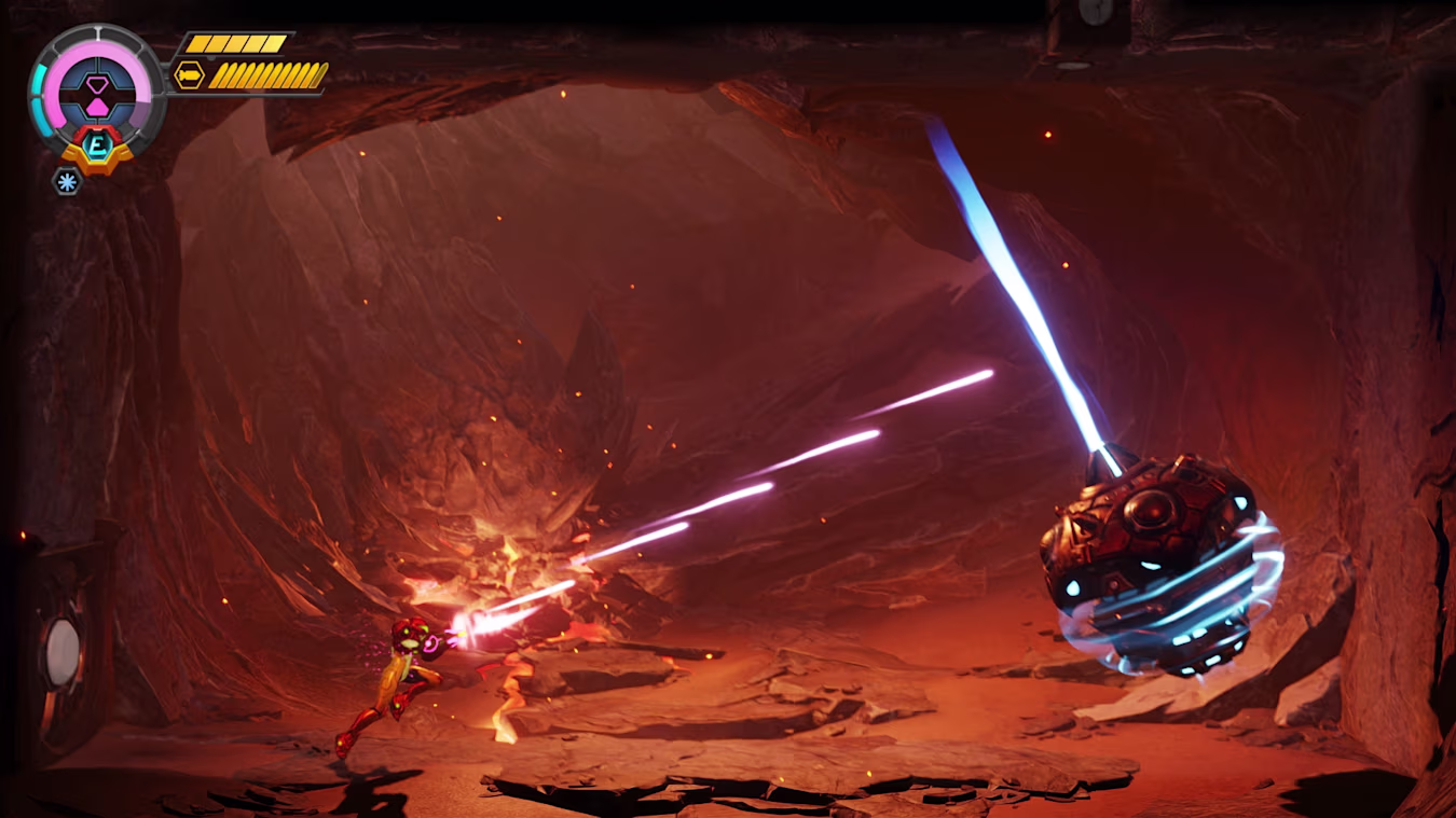 A screenshot from Metroid Ravenous, showing Samus facing off against what appears to be a mini boss.