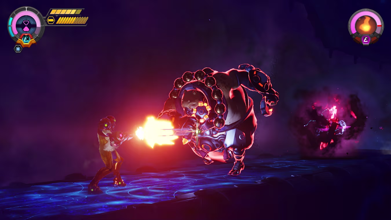 A screenshot from Metroid Ravenous, showing the two circular meters on opposite sides of the screen as Samus fights a large, bulky foe.