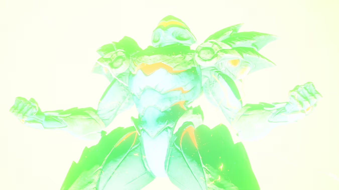 A screenshot from Metroid Ravenous, showing Samus's suit transforming into the Metroid Suit.