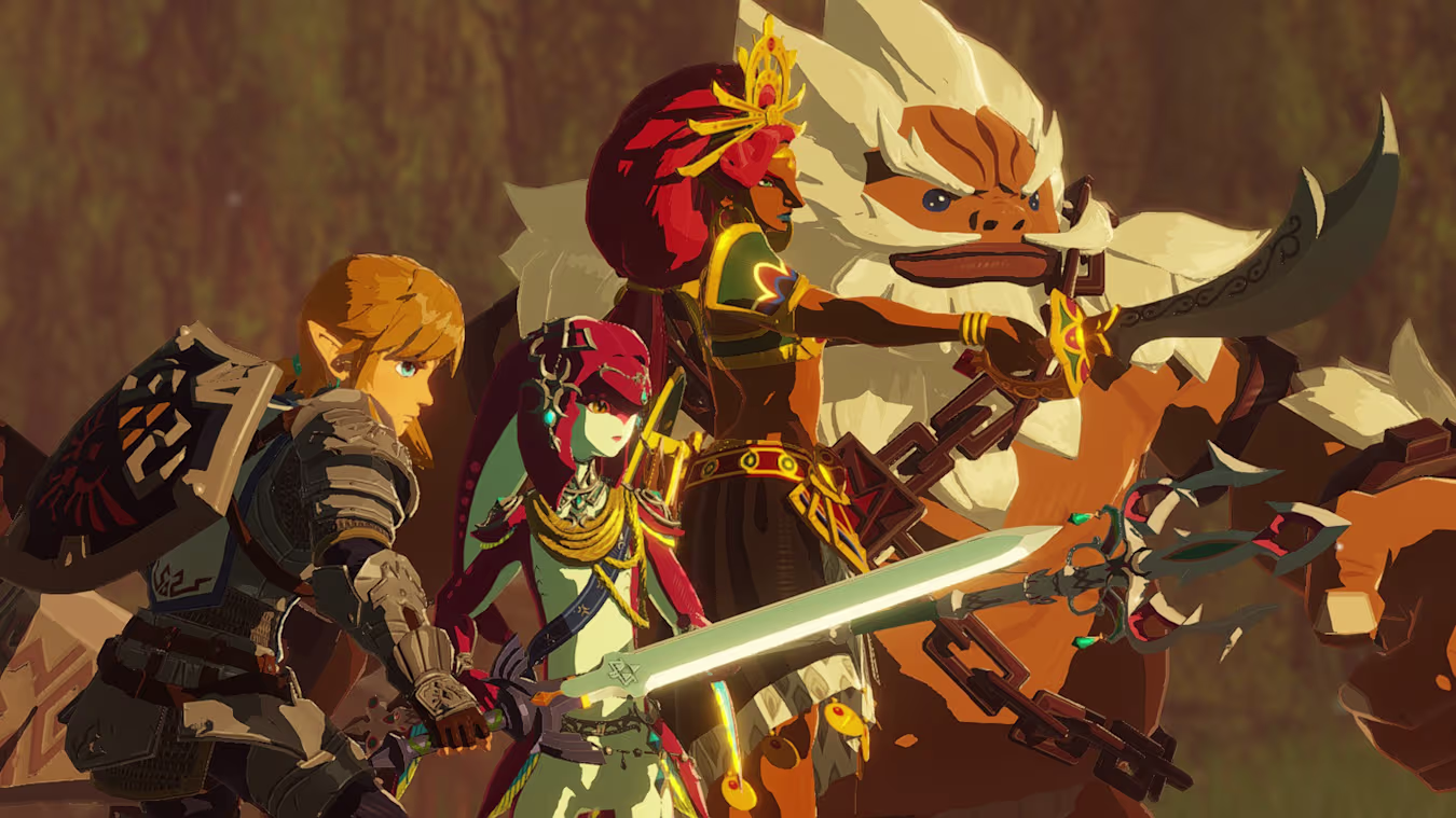 A screenshot of Hyrule Warriors: Age of Calamity - Definitive Edition, showing Link alongside the three other Champions that I don't care nearly as much about (though I still very much like them).