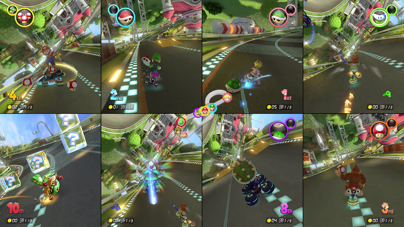 Mario Kart 8 Deluxe's new update gives the game the 8-Player Smash treatment, allowing for up to 8 player splitscreen on a single system.