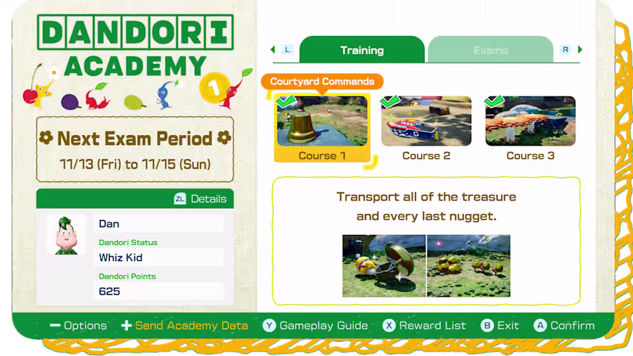 A screenshot of the Switch 2 Edition of Pikmin 4, showing the Dandori Academy menu screen.