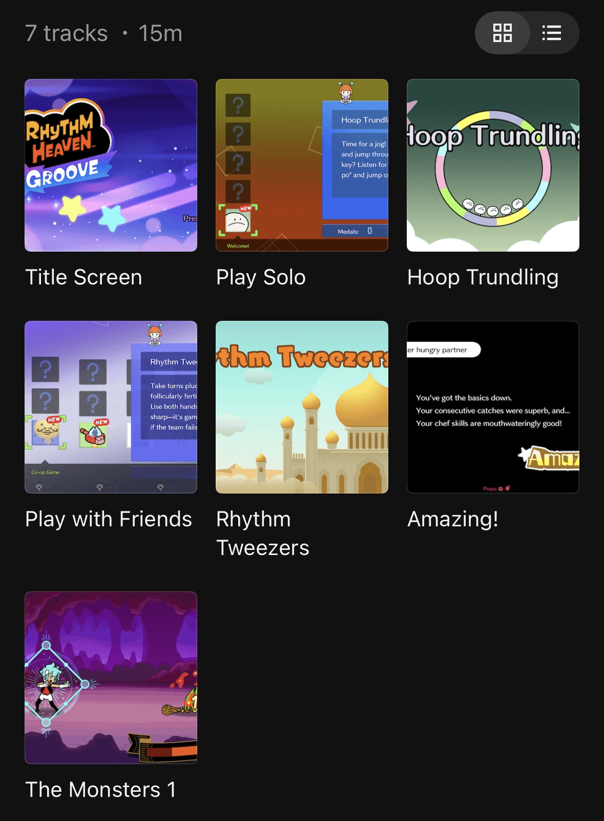 The 7 tracks from Rhythm Heaven Groove's Special Release, including Hoop Trundling and Rhythm Tweezers.