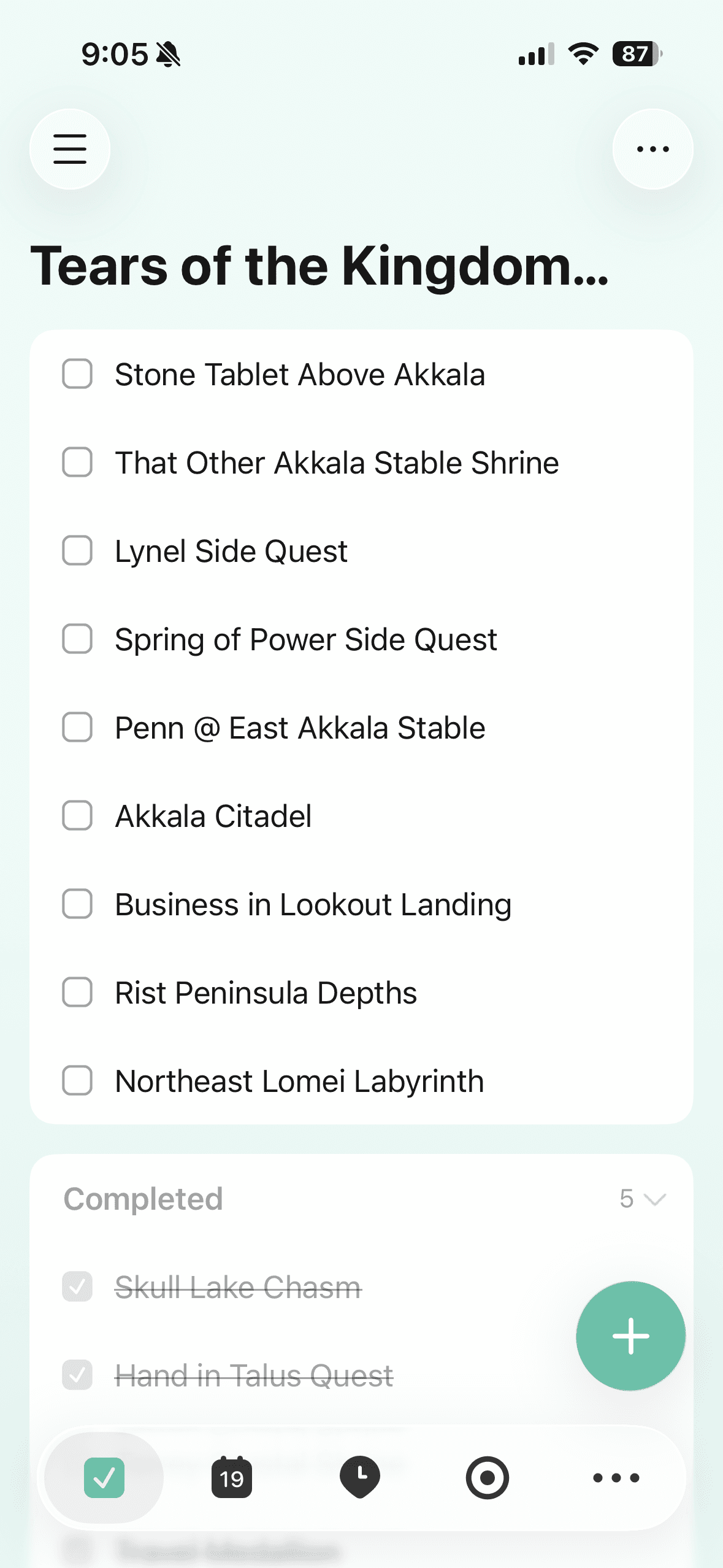 The checklist includes: - Stone Tablet Above Akkala, - That Other Akkala Stable Shrine, - Lynel Side Quest, - Spring of Power Side Quest, - Penn @ East Akkala Stable, Akkala Citadel, - Business in Lookout Landing, - Rist Peninsula Depths, - Northeast Lomei Labyrinth. The items - Skull Lake Chasm and - Hand in Talus Quest have been checked off.