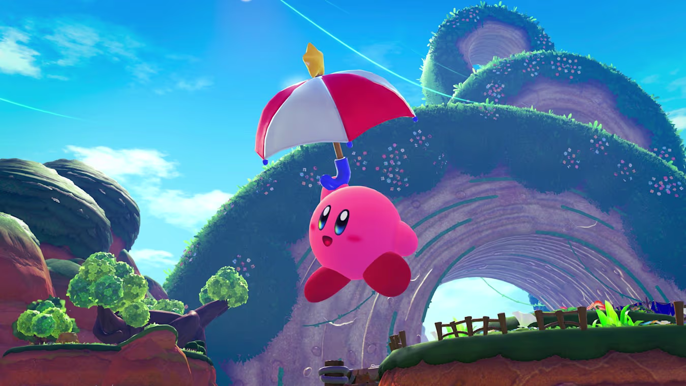 A screenshot from Kirby and the World Beyond, showing Kirby gliding with the Parasol ability, which makes its 3D debut.