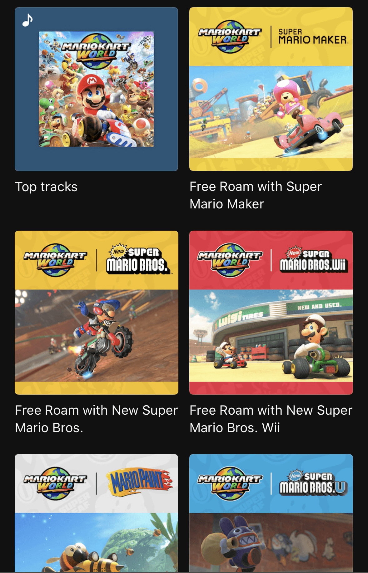 Remixes from NSMB DS, Wii and U, Mario Paint and Mario Maker added to the Mario Kart World soundtrack.
