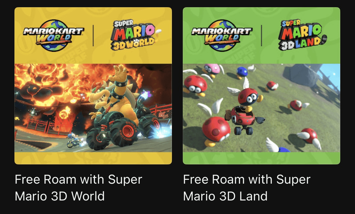 Free Roam remixes from Super Mario 3D Land, Super Mario 3D World, and Bowser's Fury have been added to Mario Kart World's soundtrack on Nintendo Music.