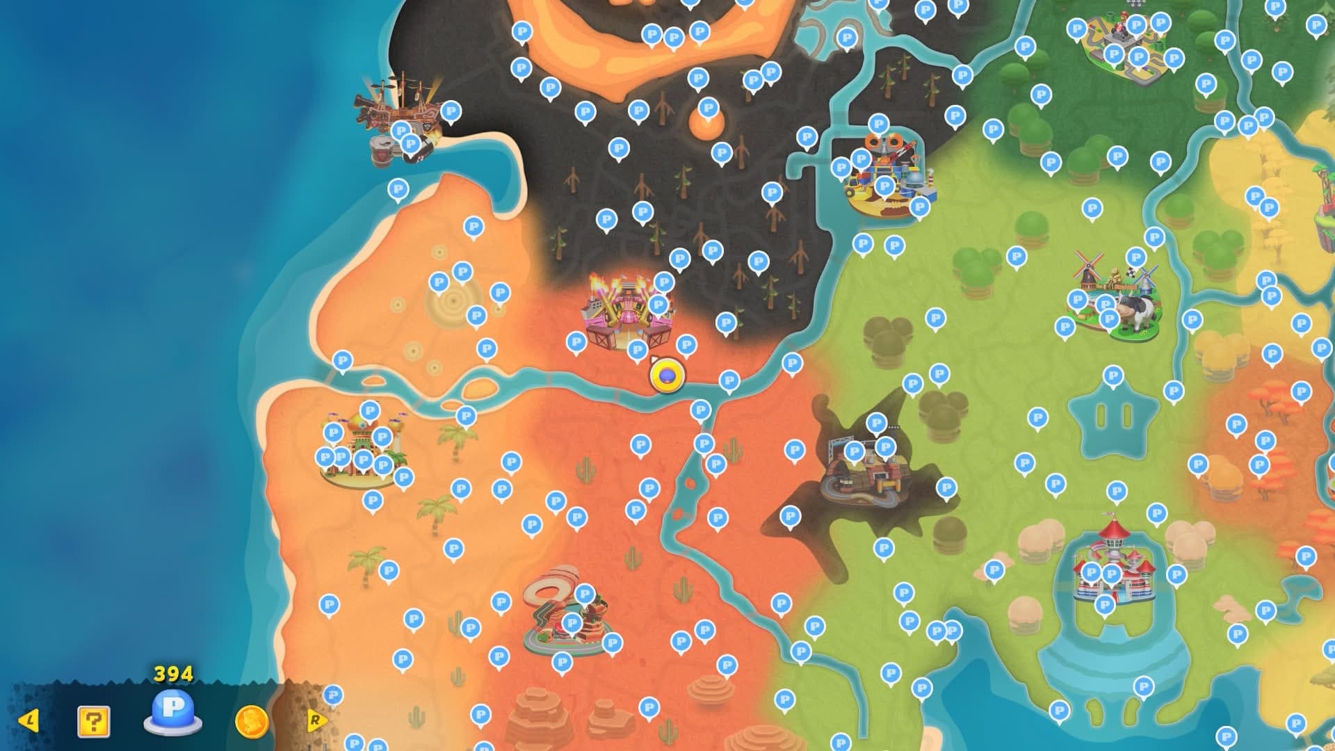 A screenshot I took in Mario Kart World, showing the Free Roam map after completing all 394 P Switch Missions.