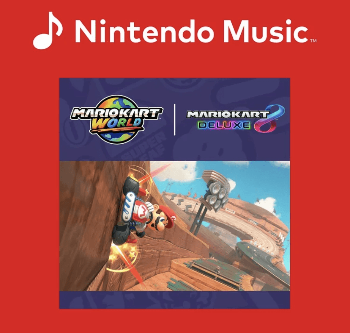 Free Roam remixes from Mario Kart 8 Deluxe round out Mario Kart World's soundtrack on Nintendo Music.