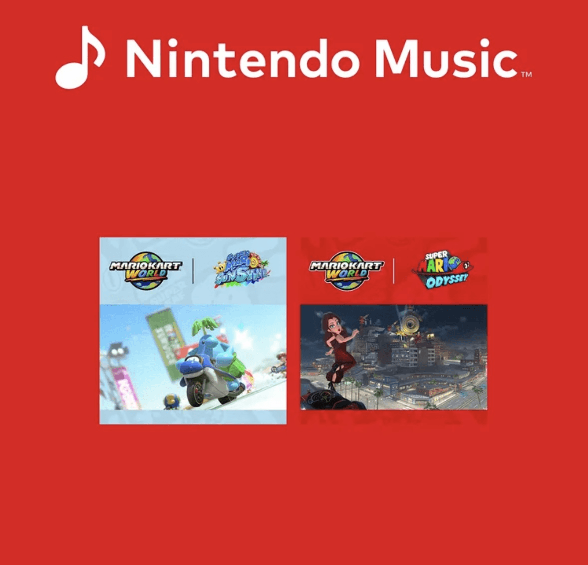 Free Roam remixes from Super Mario Sunshine and Super Mario Odyssey have been added to Mario Kart World's soundtrack on Nintendo Music.